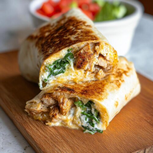 A grilled Quick Garlic Chicken Wrap Dinner cut in half, showing seasoned chicken, spinach, and creamy sauce.