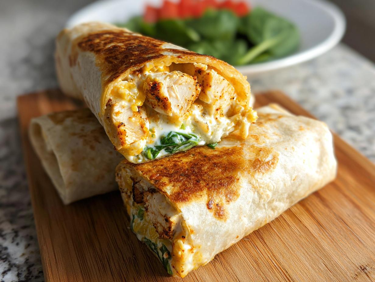 A toasted Quick Garlic Chicken Wrap Dinner cut in half, revealing seasoned chicken, spinach, and creamy sauce.