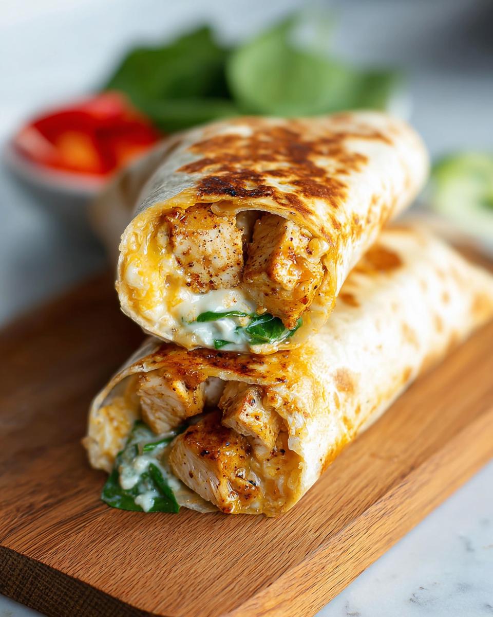 Two halves of a toasted Quick Garlic Chicken Wrap Dinner showing seasoned chicken, cheese, and spinach filling.