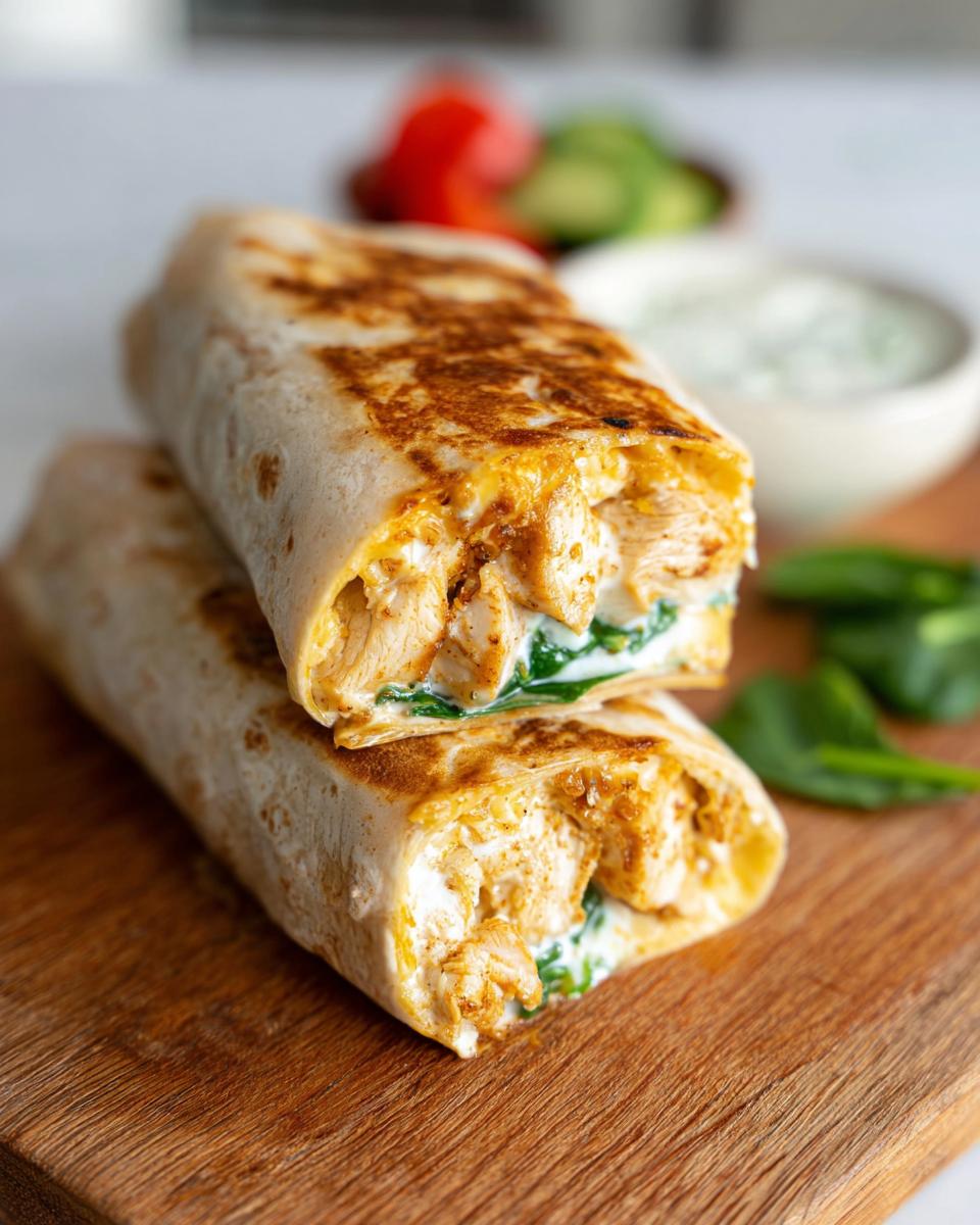 Two halves of a grilled Quick Garlic Chicken Wrap Dinner stacked on a wooden board with sauce in the background.