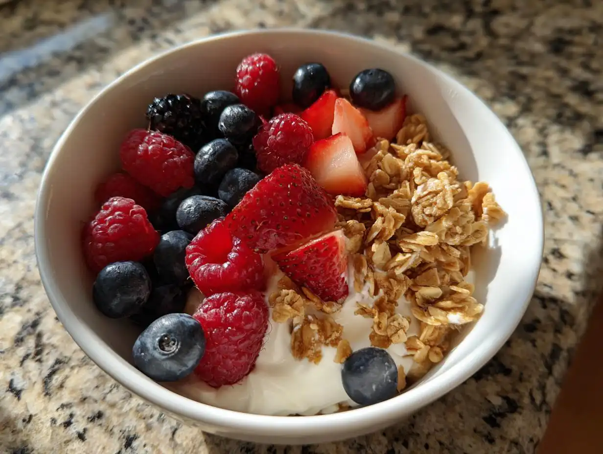 A white bowl filled with yogurt, granola, strawberries, blueberries, and raspberries, perfect for a Quick Workday Breakfast Idea.