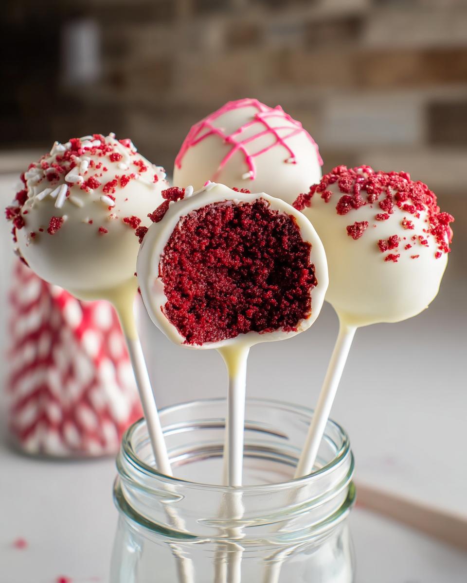 Four white chocolate-coated Red Velvet Cake Pops displayed in a jar, one cut open revealing the deep red cake center.