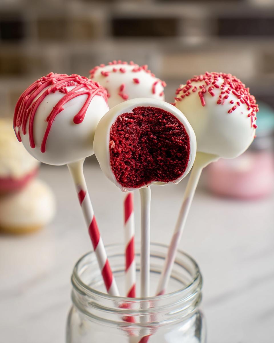 Four Red Velvet Cake Pops displayed in a jar; one is bitten to show the rich red interior.