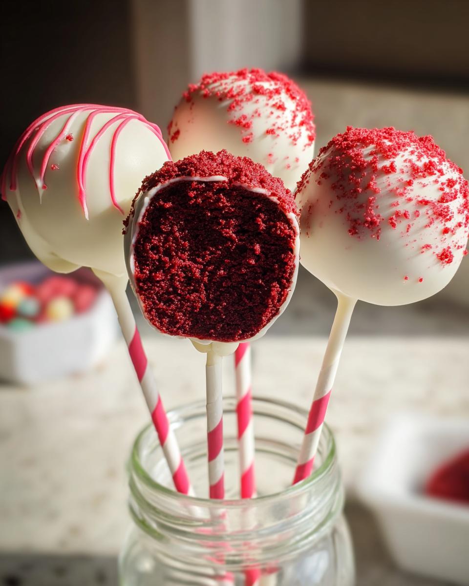 Four Red Velvet Cake Pops displayed in a jar, one cut open showing the rich red interior, coated in white chocolate.