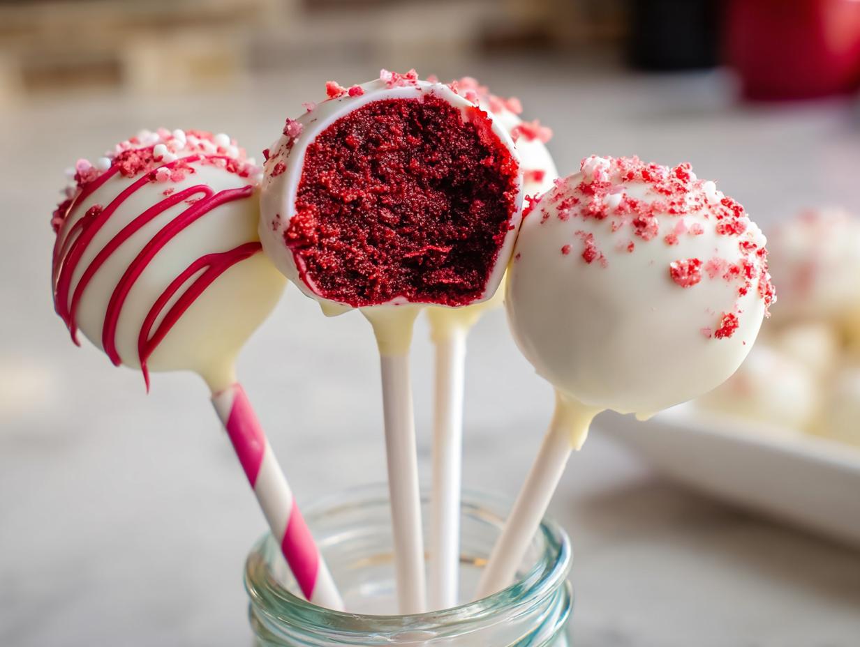 Three Red Velvet Cake Pops dipped in white chocolate, one showing the rich red interior texture.