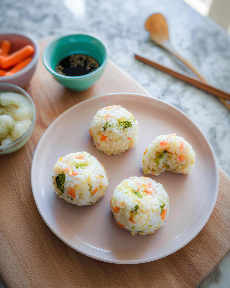 Four homemade vegetable Rice Ball Sushi Lunch portions served on a pink plate with dipping sauce and pickled vegetables nearby.
