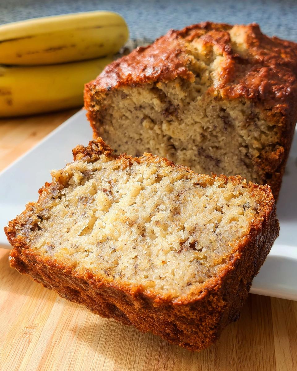 A thick slice cut from a Rich Banana Sour Cream Loaf, showing moist crumb texture, with the rest of the loaf behind it.