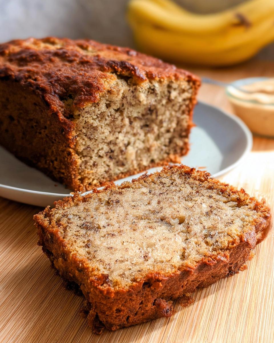 A thick slice cut from a Rich Banana Sour Cream Loaf resting on a wooden surface, showing moist crumb.
