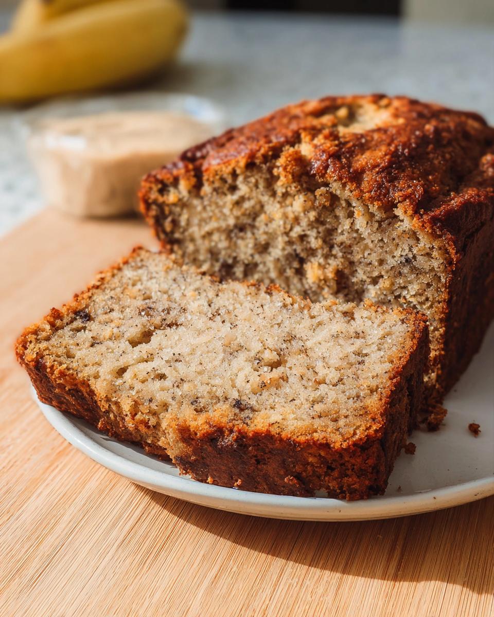 Close-up of a slice cut from the Rich Banana Sour Cream Loaf, showing moist texture and dark banana flecks.