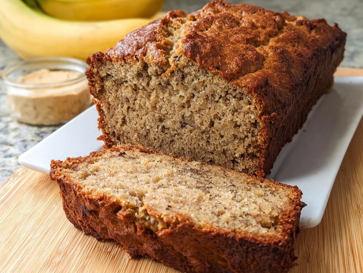 A close-up of a Rich Banana Sour Cream Loaf, sliced open to show the moist crumb, resting on a white platter.