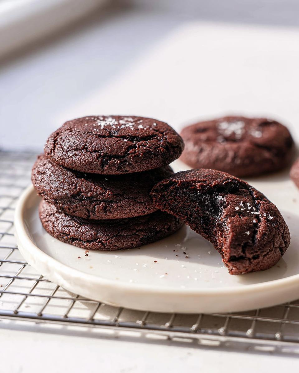 A stack of dark, fudgy Cocoa Powder Cookies topped with sea salt, one cookie is bitten into.