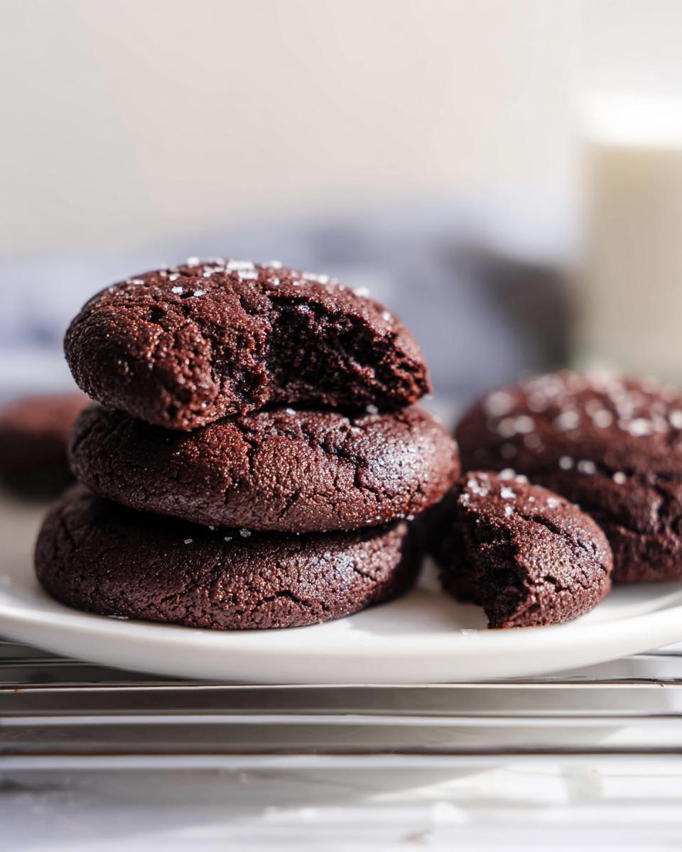 A stack of three rich, dark Cocoa Powder Cookies topped with coarse sugar, with one cookie having a bite taken out.