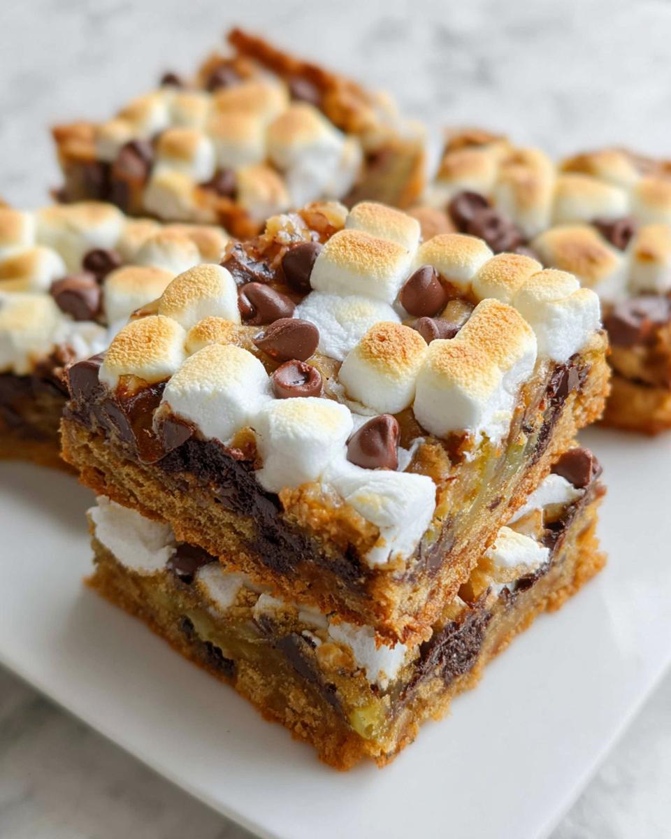 Two stacked squares of S’mores Magic Cookie Bars topped with melted chocolate chips and perfectly toasted mini marshmallows.