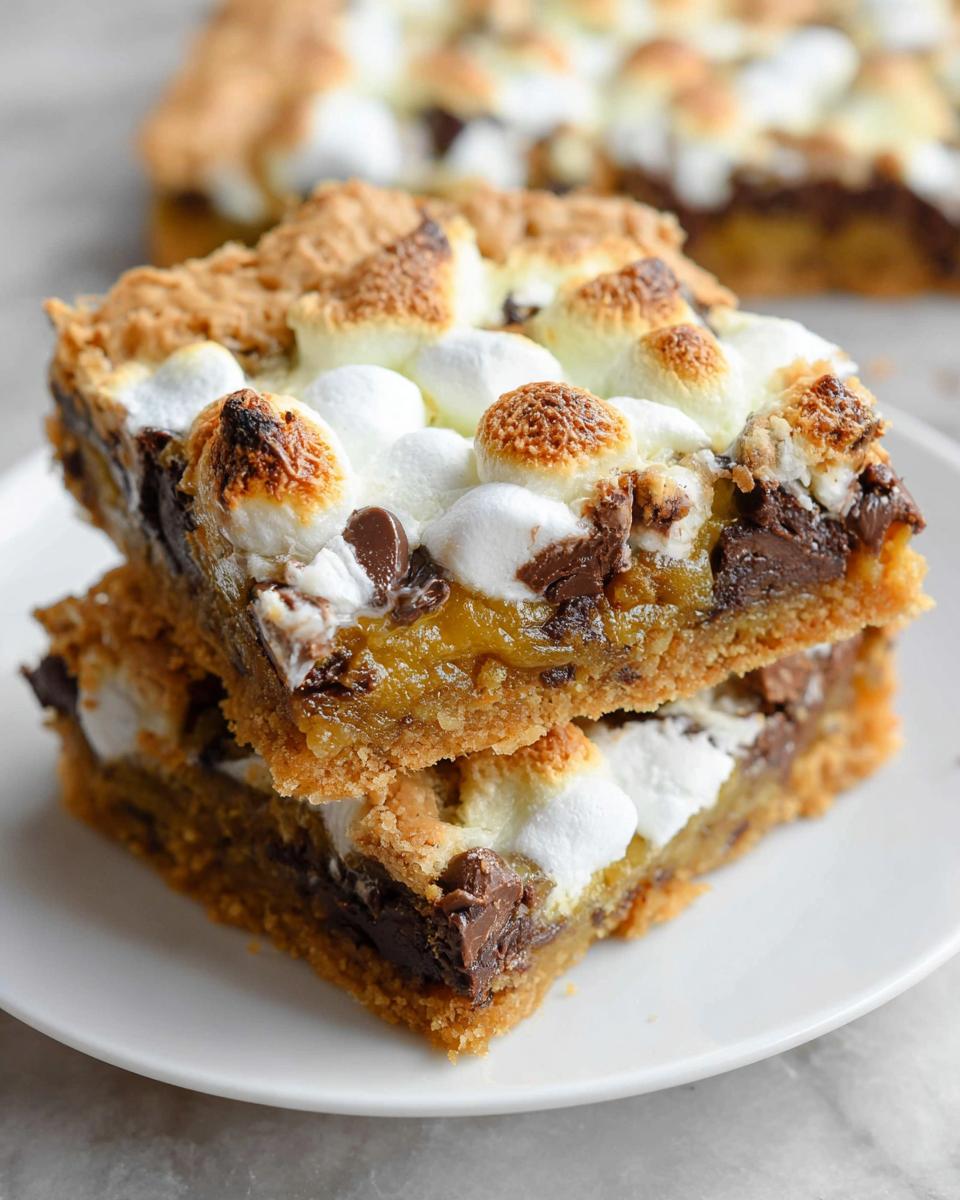 Two stacked squares of S’mores Magic Cookie Bars featuring graham cracker crust, melted chocolate, and toasted marshmallows on top.
