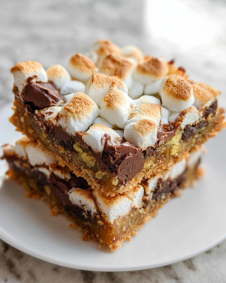 Two stacked squares of S’mores Magic Cookie Bars featuring a graham cracker base, melted chocolate, and toasted marshmallows on top.