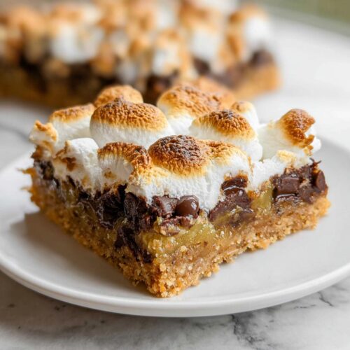 A close-up of a single serving of S’mores Magic Cookie Bars with a toasted marshmallow topping.