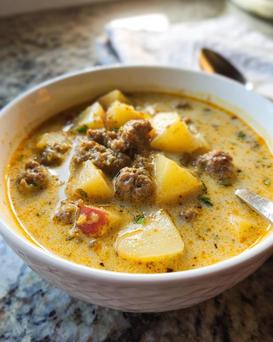 Close-up of a creamy bowl of Sausage Potato Soup, featuring chunks of potato and browned sausage crumbles.