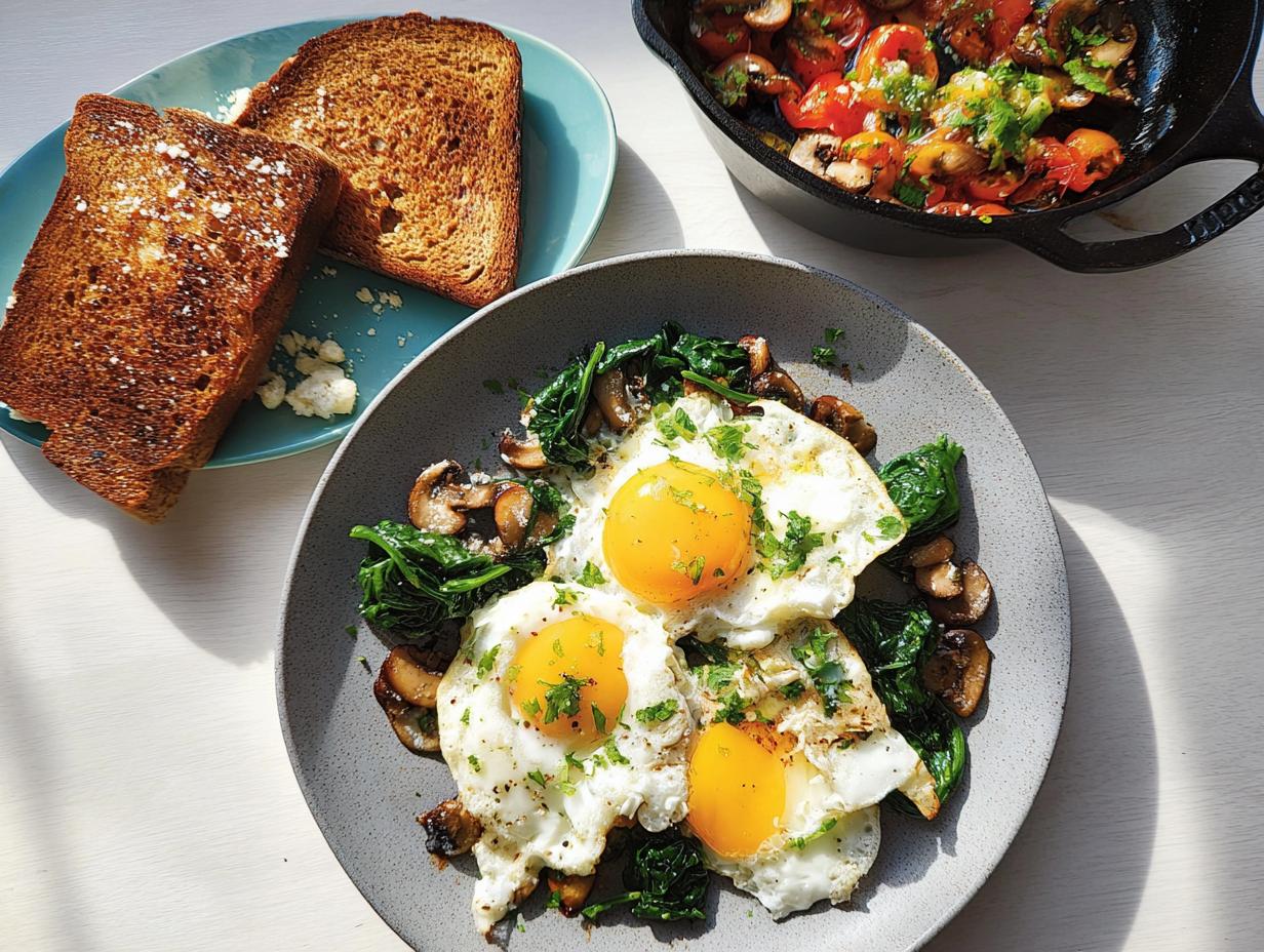 Three sunny-side-up eggs served over sautéed spinach and mushrooms, a perfect savory breakfast idea (no sugar).