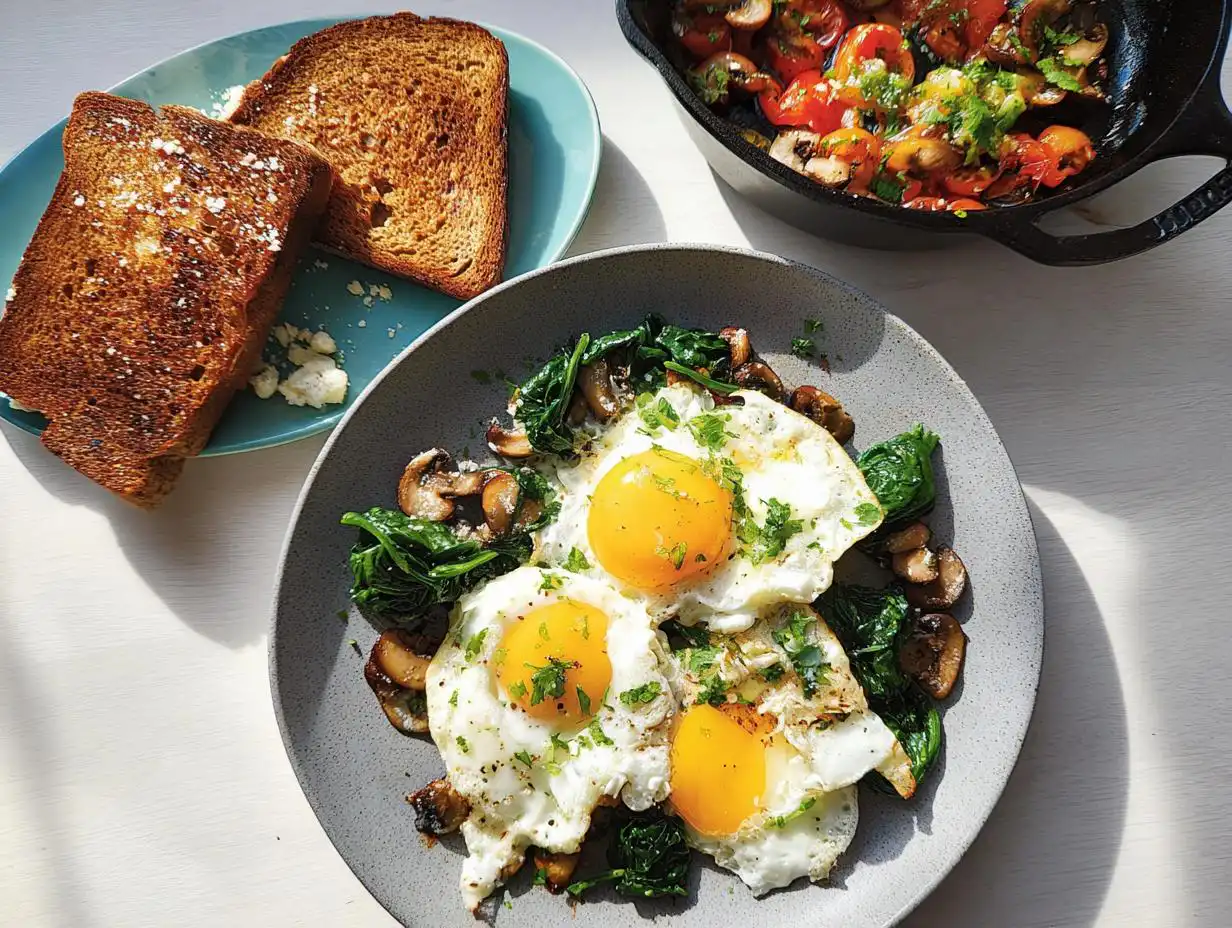 Three sunny-side-up eggs served over sautéed spinach and mushrooms, a perfect savory breakfast idea (no sugar).