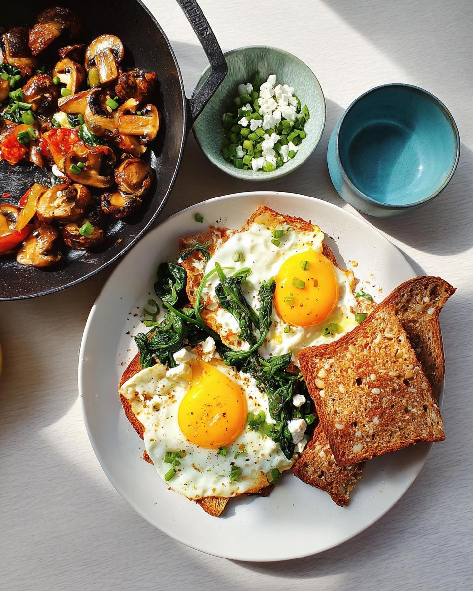 A plate featuring two sunny-side-up eggs over greens and toast, a perfect Savory Breakfast Idea, next to sautéed mushrooms.