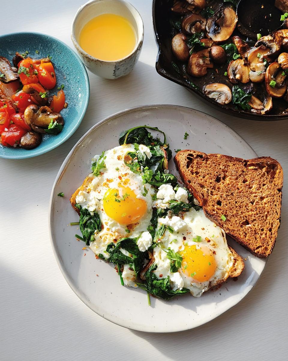 Two sunny-side-up eggs over spinach and feta on toast, a perfect savory breakfast idea (no sugar).