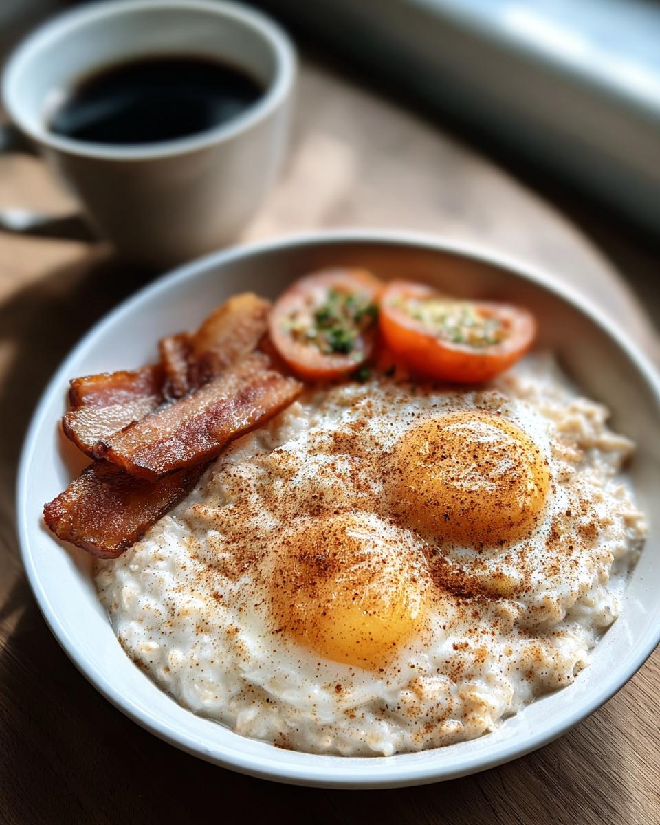 Savory oatmeal topped with two fried eggs, bacon, and tomatoes, a perfect Comfort Breakfast for Cold Mornings.