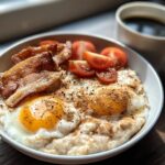 Savory oatmeal topped with two fried eggs, crispy bacon, cherry tomatoes, and spices, perfect for a Comfort Breakfast for Cold Mornings.