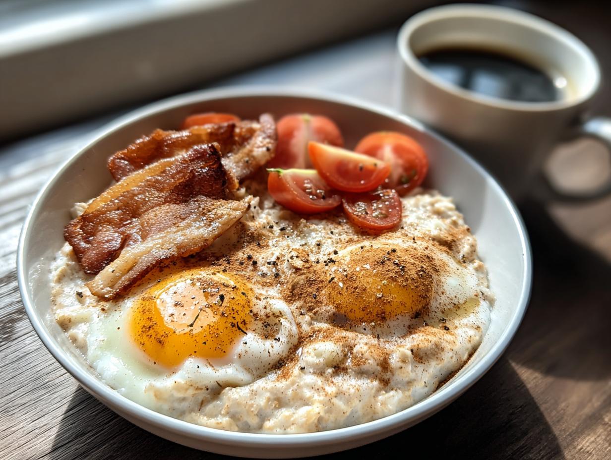Savory oatmeal topped with two fried eggs, crispy bacon, cherry tomatoes, and spices, perfect for a Comfort Breakfast for Cold Mornings.