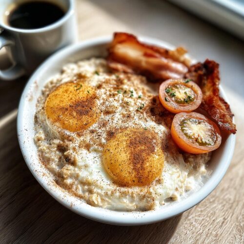 Savory oatmeal topped with two fried eggs, bacon, and sliced tomatoes, perfect Comfort Breakfast for Cold Mornings.