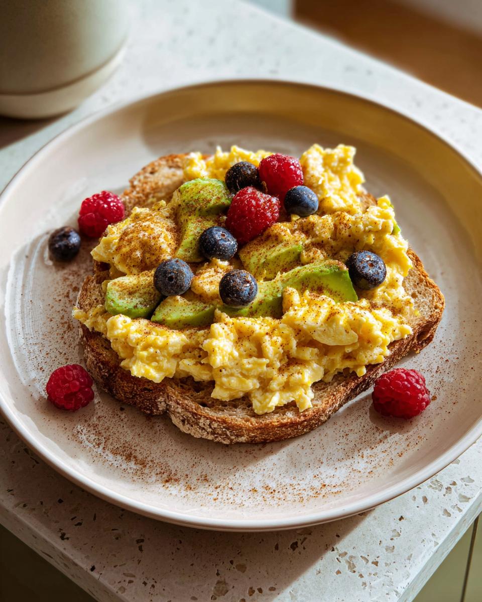 Scrambled eggs toast topped with avocado slices, blueberries, and raspberries for a 5-Minute Breakfast.