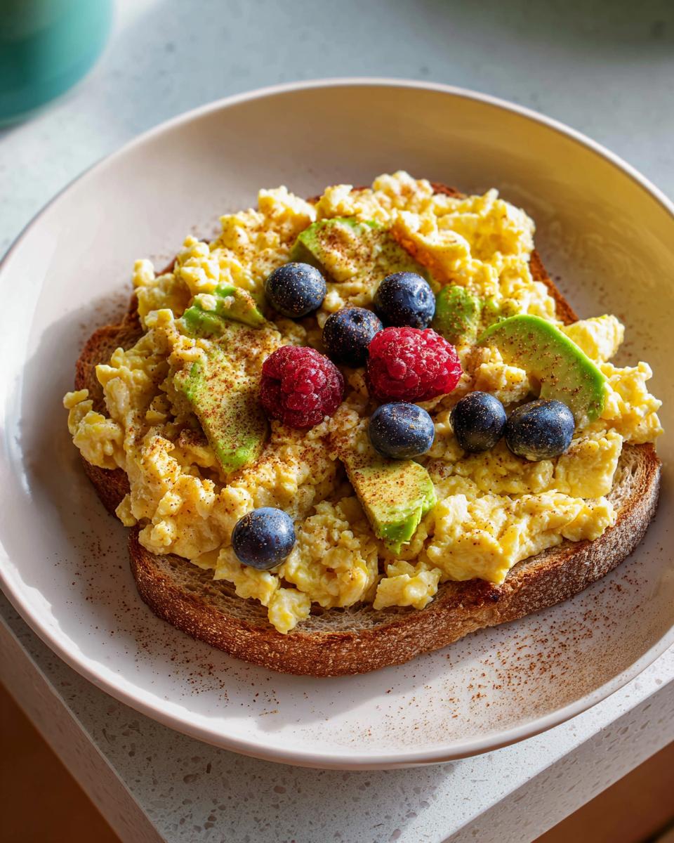 Scrambled egg toast topped with avocado, blueberries, raspberries, and cinnamon, perfect for a 5-Minute Breakfast.