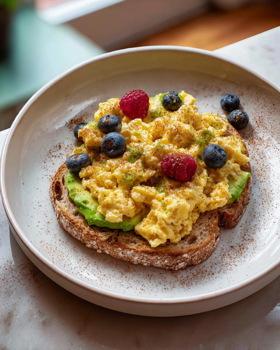Scrambled eggs with avocado toast topped with blueberries and raspberries, perfect for a 5-Minute Breakfast.