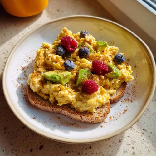 Scrambled eggs on toast topped with avocado, raspberries, and blueberries for a 5-Minute Breakfast.