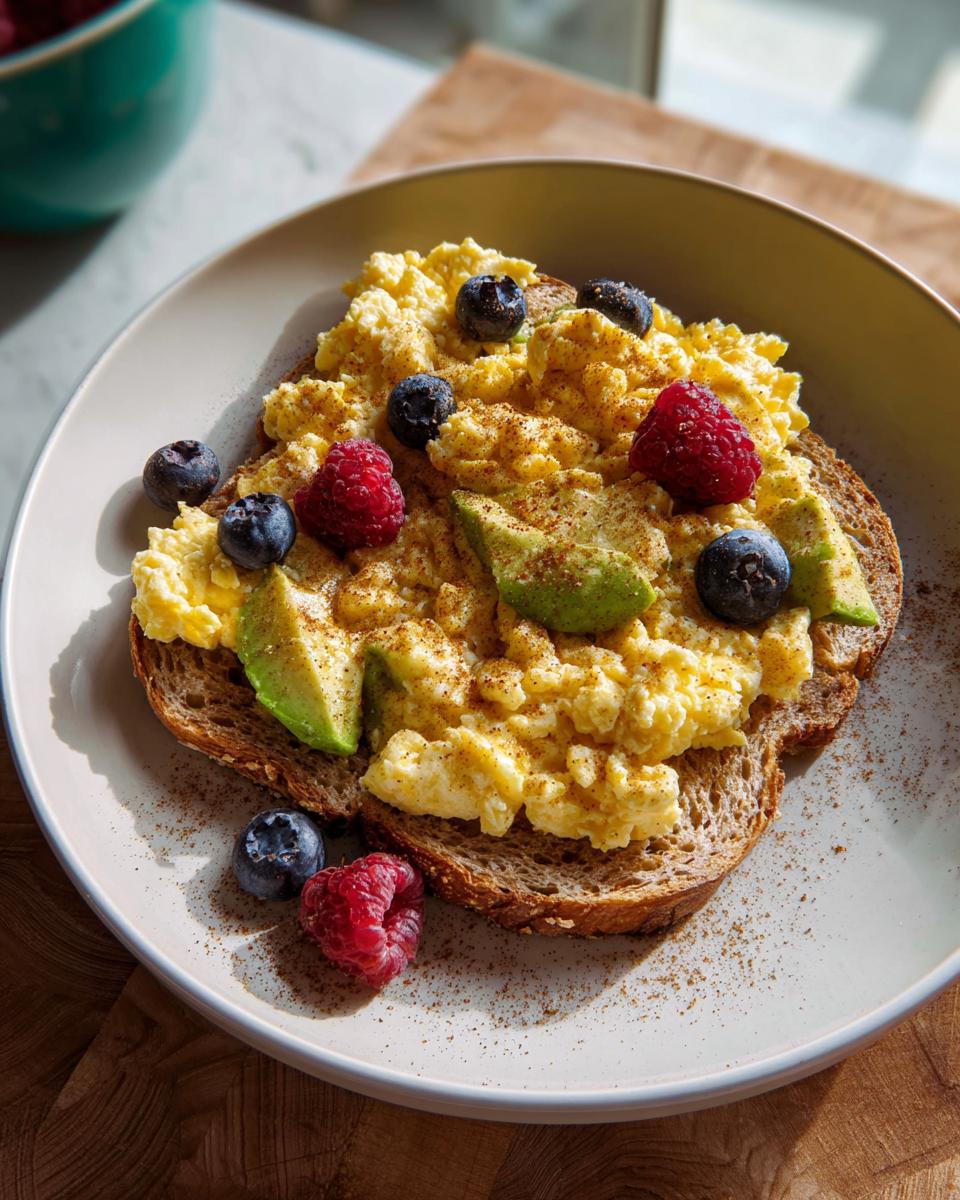 Scrambled eggs on whole wheat toast topped with avocado, blueberries, and raspberries for a 5-Minute Breakfast.