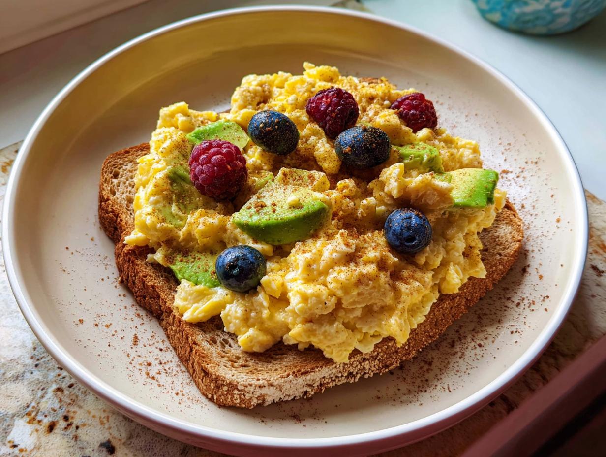 Scrambled eggs on toast topped with avocado, blueberries, and raspberries, perfect for a 5-Minute Breakfast.