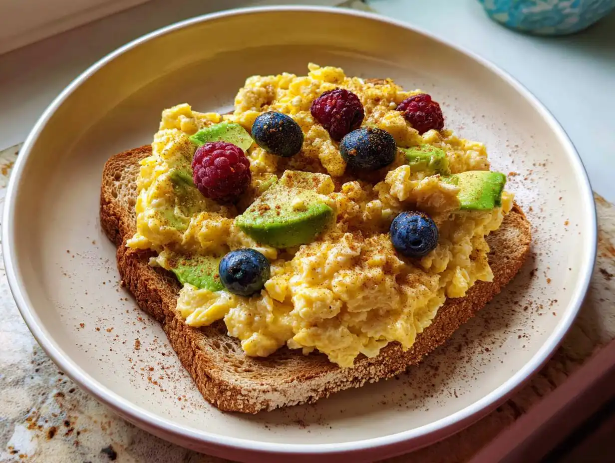 Scrambled eggs on toast topped with avocado, blueberries, and raspberries, perfect for a 5-Minute Breakfast.