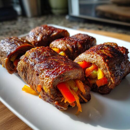 Close-up of four seared Healthy Beef Roll Ups stuffed with colorful bell peppers on a white plate.
