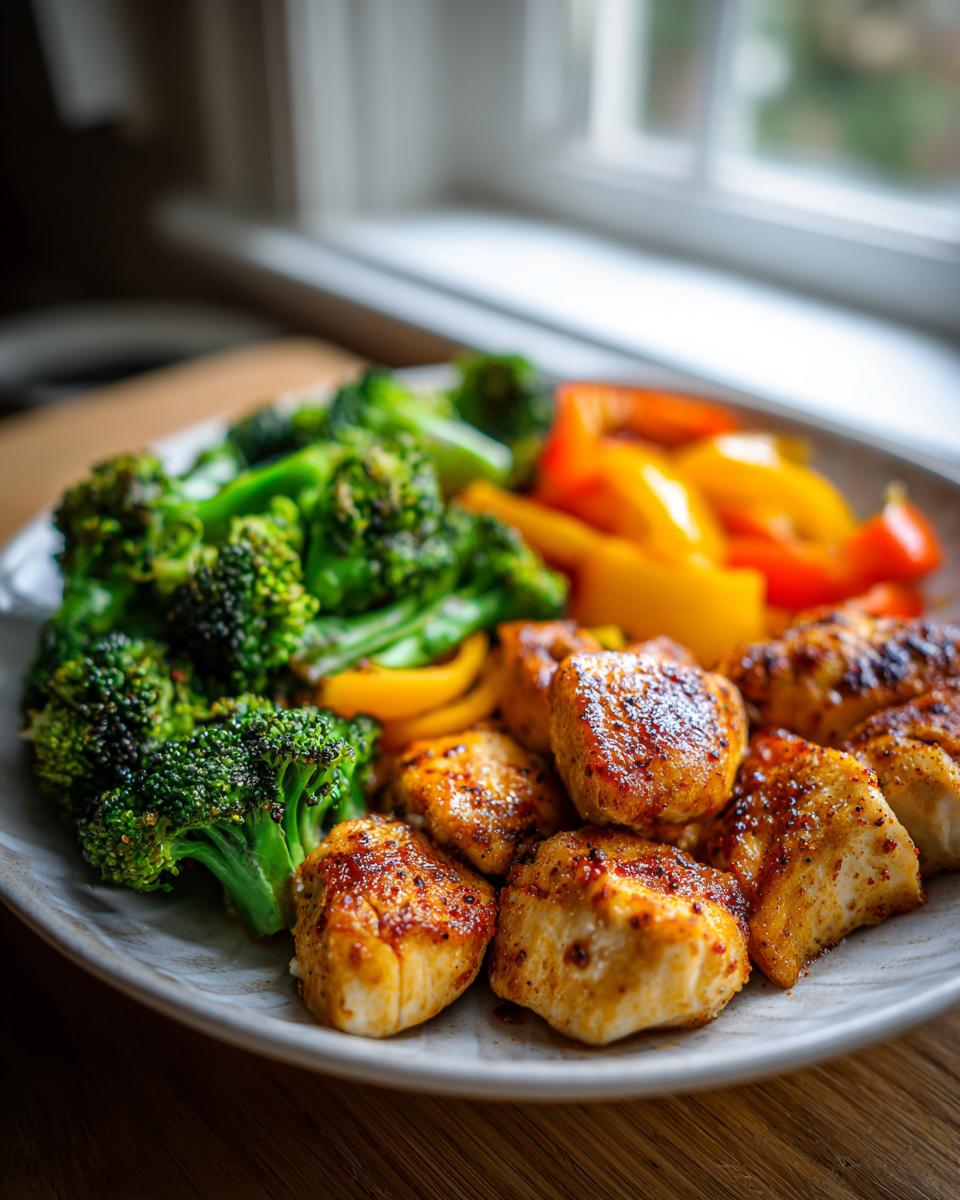Close-up of seasoned chicken bites served with steamed broccoli and sliced bell peppers for a Low Carb Chicken Meal Prep.