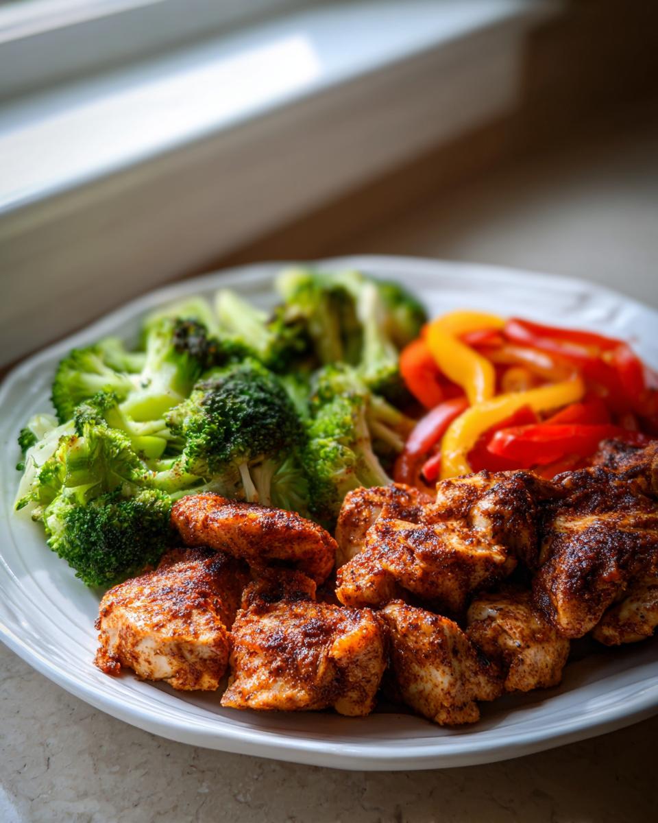 A plate featuring seasoned chicken pieces, steamed broccoli, and sliced red and yellow peppers, perfect for Low Carb Chicken Meal Prep.