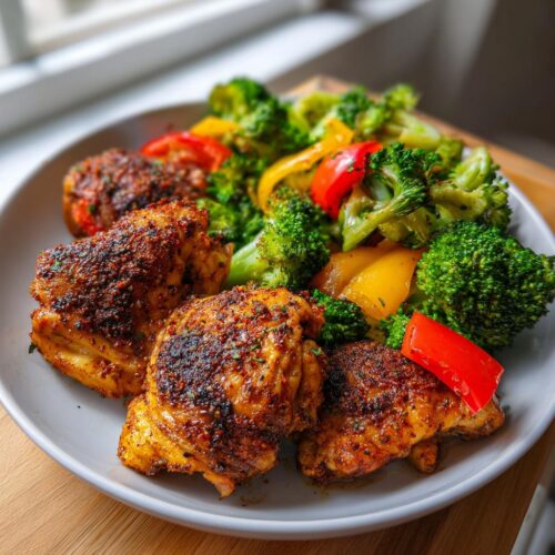 Plate of seasoned chicken thighs served with roasted broccoli and bell peppers, perfect for Low Carb Chicken Meal Prep.
