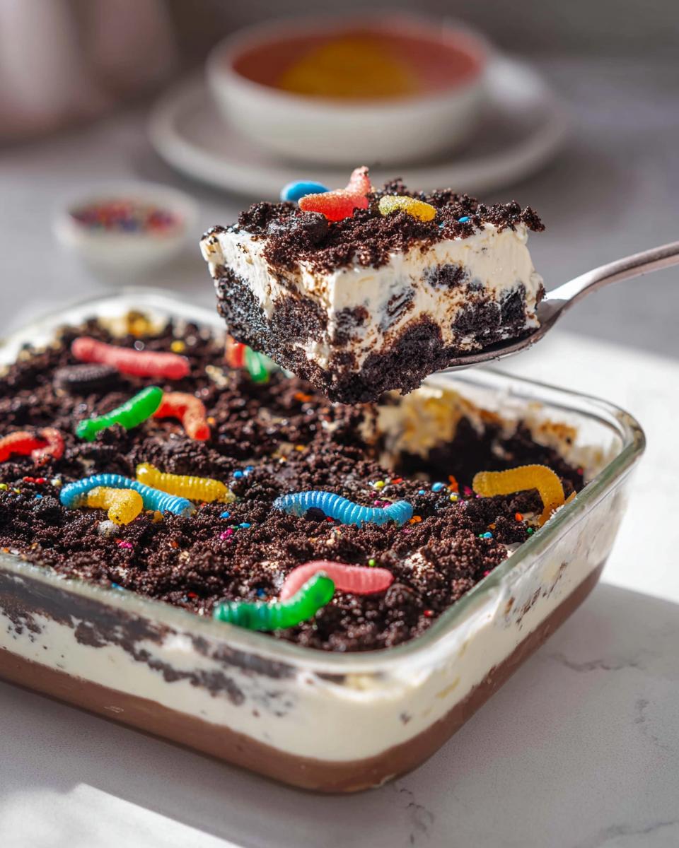 A spoonful of creamy Birthday Dirt Cake topped with crushed cookies and colorful gummy worms is lifted from a glass dish.