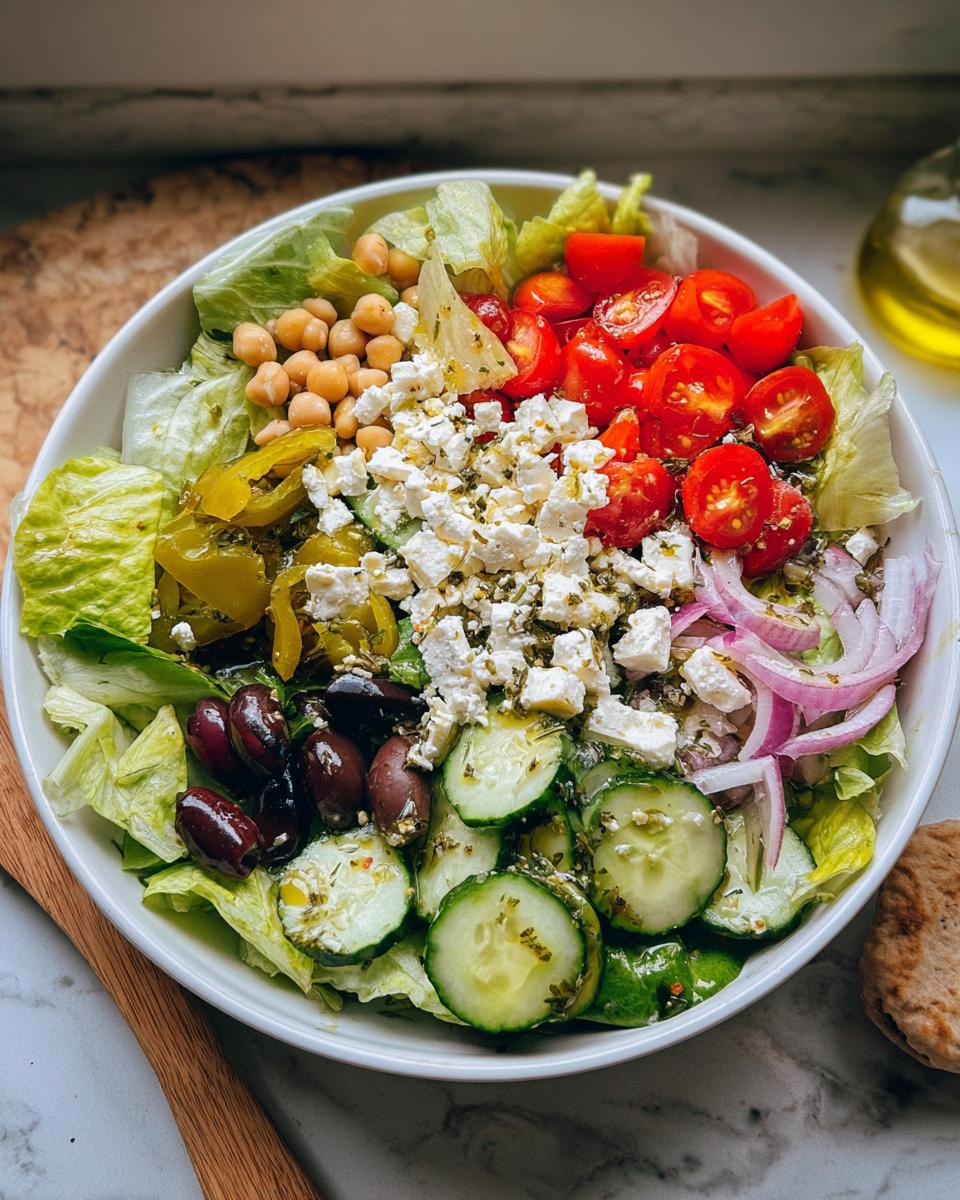 A vibrant bowl of Simple Mediterranean Lunch Salad topped with feta, cucumbers, tomatoes, and olives.