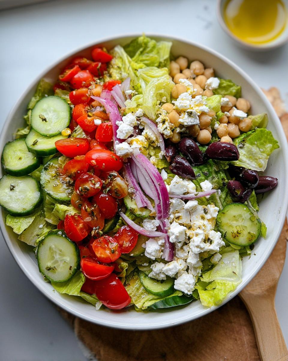 Overhead view of a Simple Mediterranean Lunch Salad featuring lettuce, tomatoes, cucumbers, feta, olives, and chickpeas.