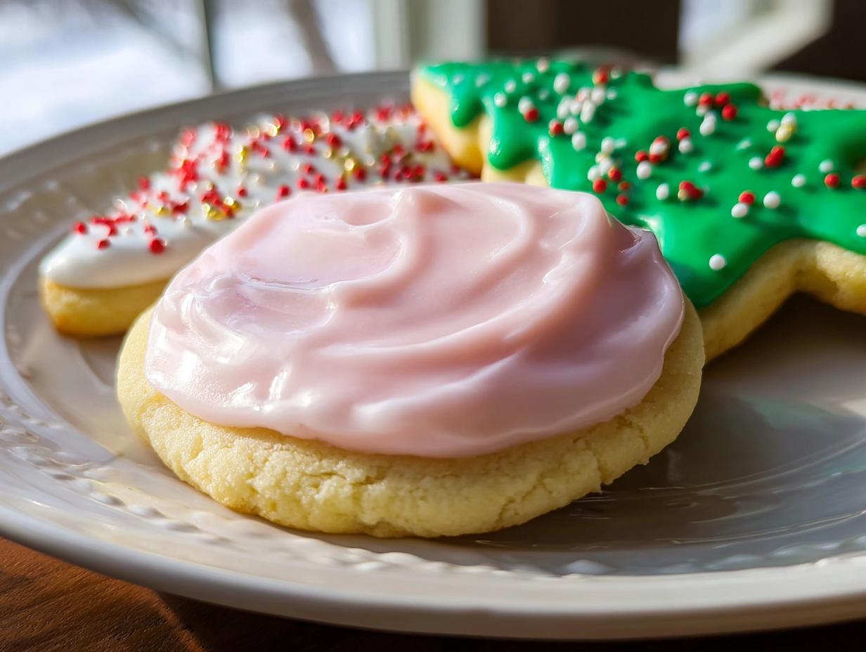 A close-up of a round sugar cookie topped with thick, swirled pink Simple Sugar Cookie Frosting, next to decorated holiday cookies.