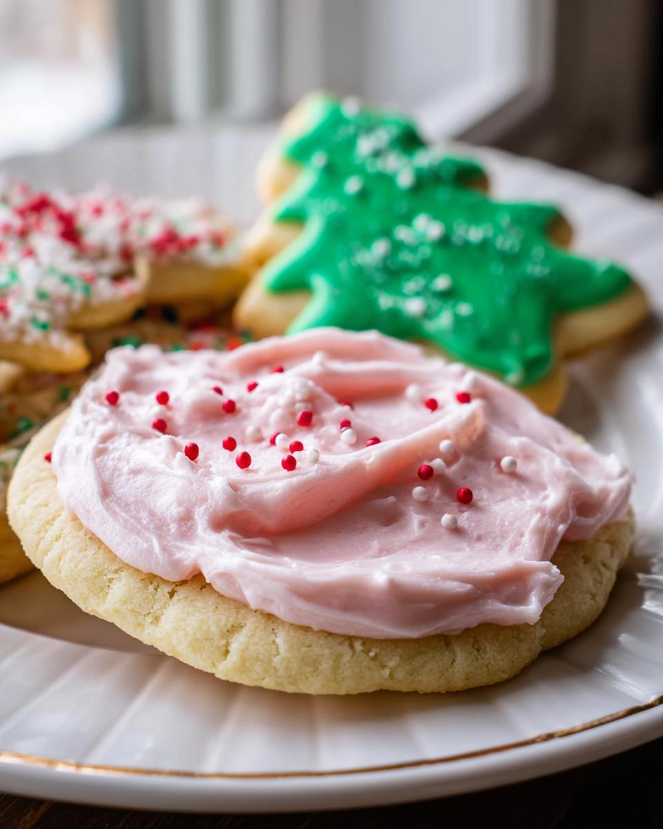 Close-up of a sugar cookie topped with thick, pink Simple Sugar Cookie Frosting and red/white sprinkles.