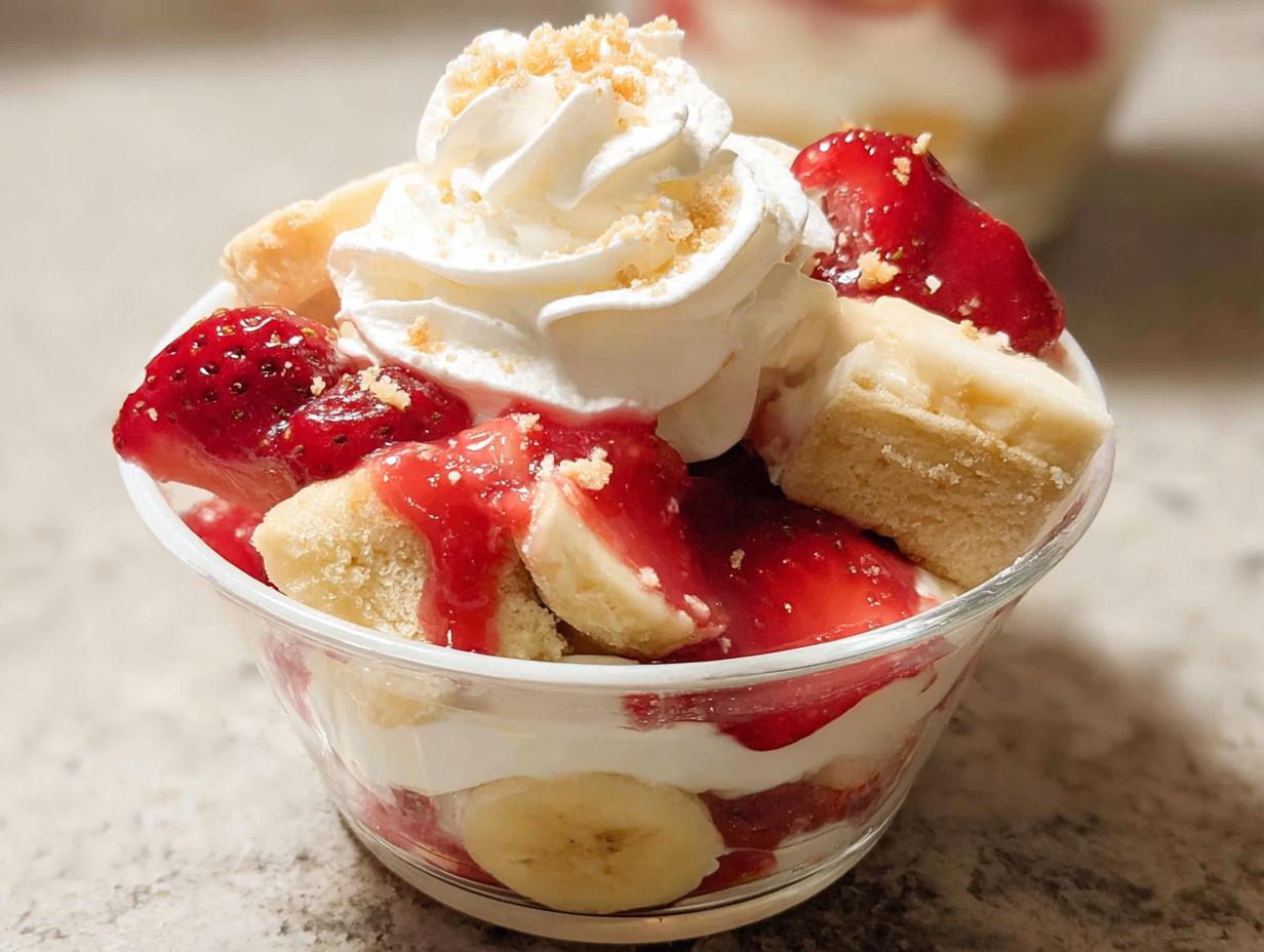 Close-up of a single serving Party Strawberry Banana Dessert in a clear cup, topped with whipped cream.