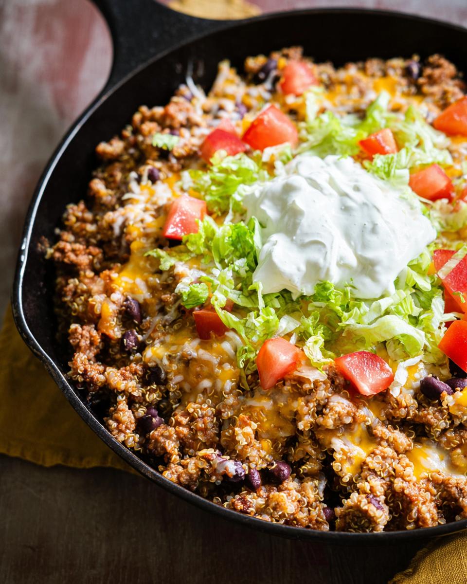 Close-up of a skillet filled with High Protein Taco Bowl made with seasoned quinoa, black beans, melted cheese, lettuce, tomatoes, and sour cream.