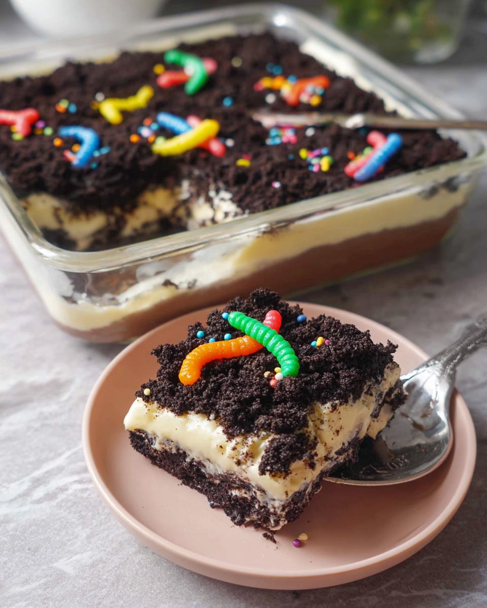 A serving of creamy Birthday Dirt Cake topped with crushed cookies and colorful gummy worms on a small pink plate.