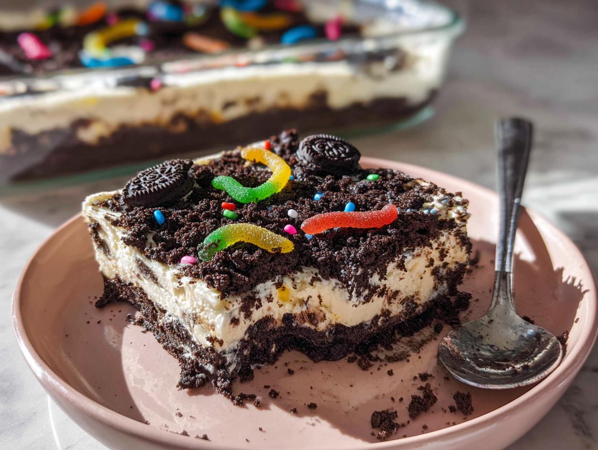 A square slice of creamy Birthday Dirt Cake topped with crushed cookies, sprinkles, and gummy worms on a pink plate.
