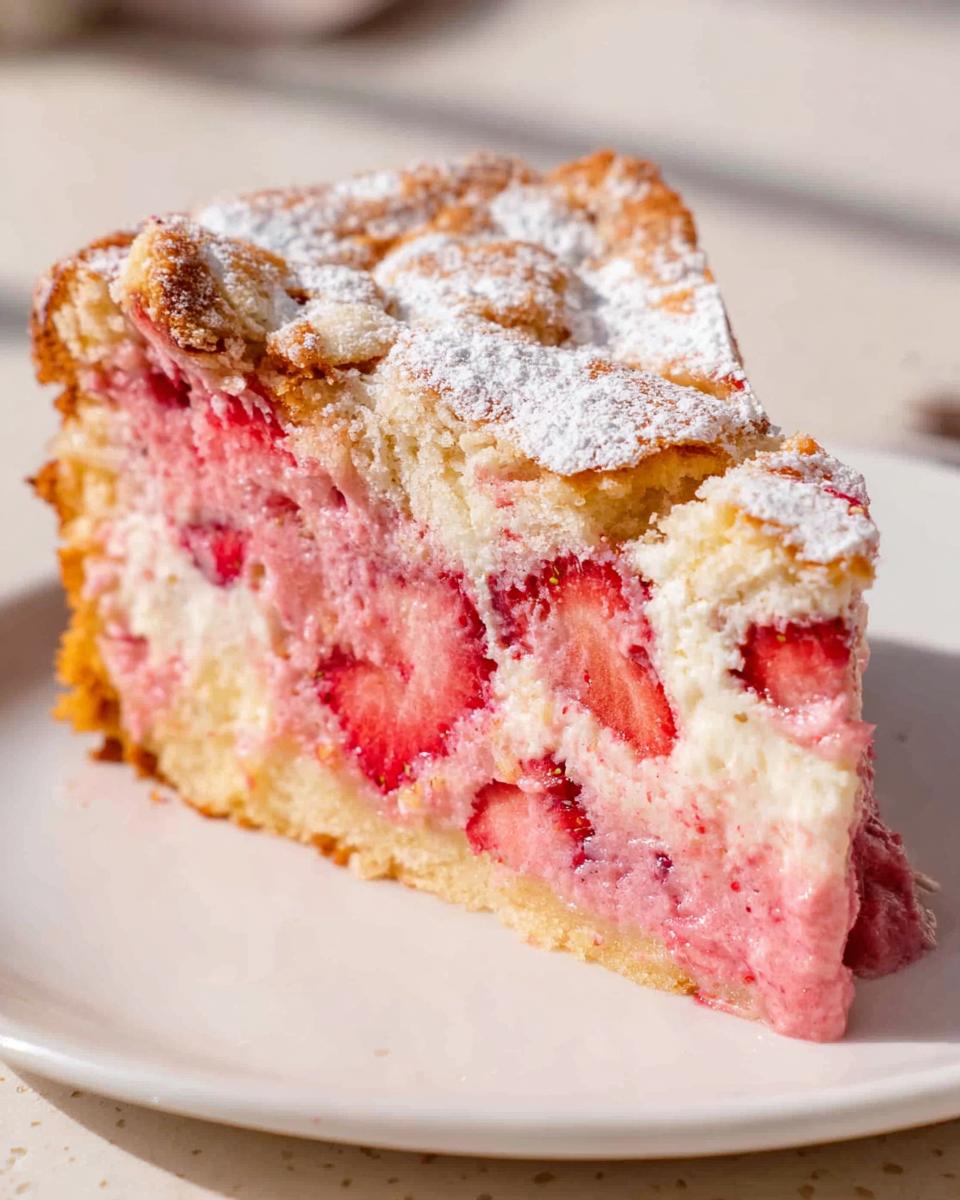 Close-up of a moist slice of Gooey Strawberry Cake showing layers of cake, creamy filling, and fresh strawberries, dusted with powdered sugar.